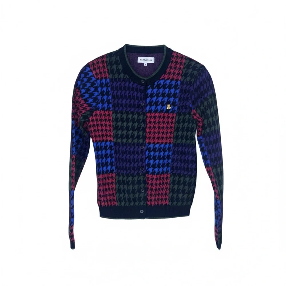 NWOT Teddy Fresh Multicolor Houndstooth Cardigan Red Blue Green Purple